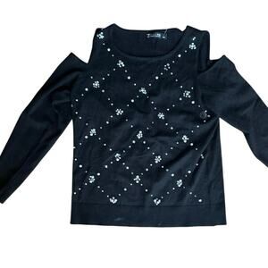 New York Company Black Embellished Pearl Rhinestone Large Cold Shoulder Sweater